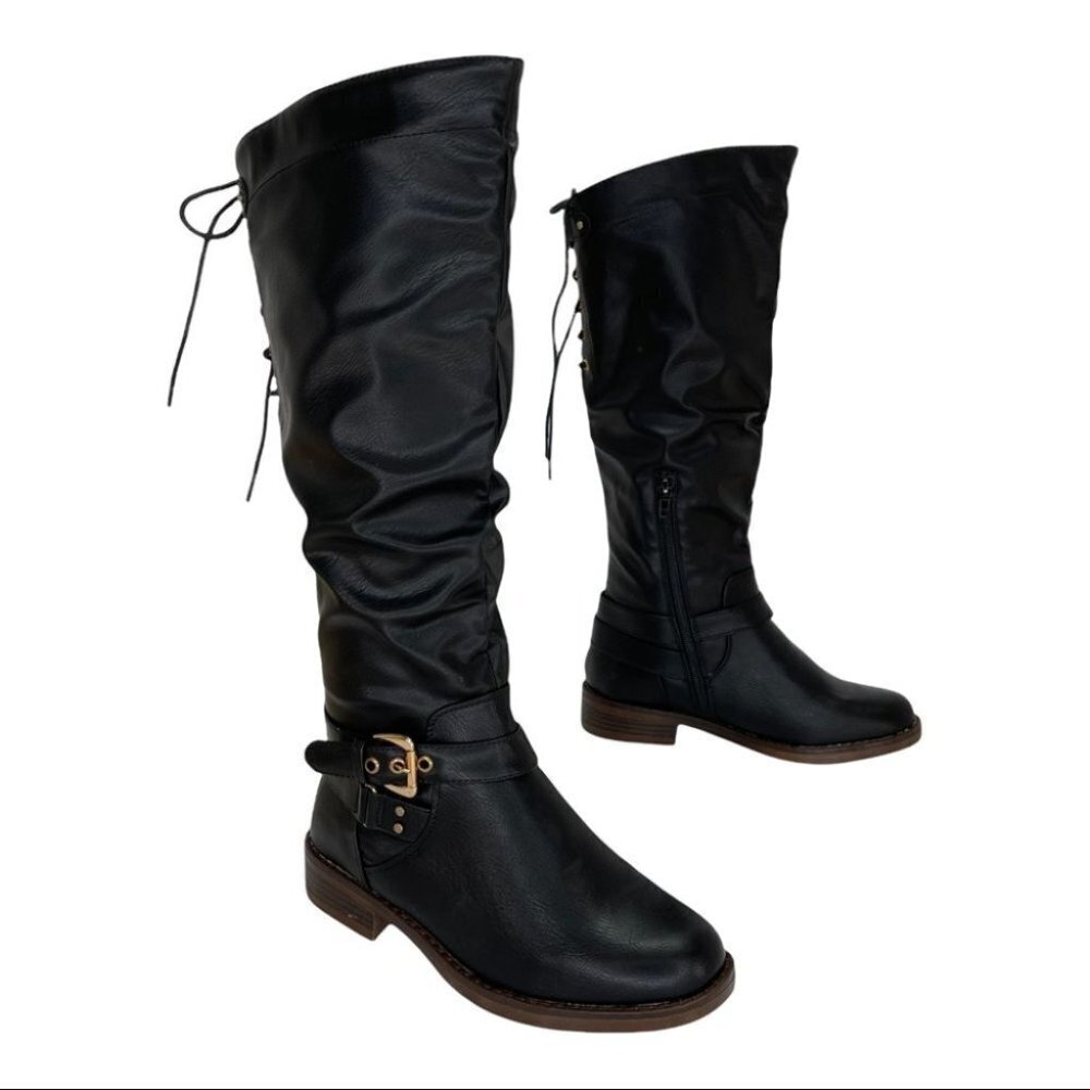 XOXO Montclair Black Faux Leather Tie Back Womens Knee High Boots Size 6M - Picture 9 of 16
